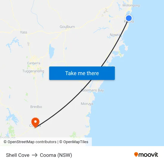 Shell Cove to Cooma (NSW) map