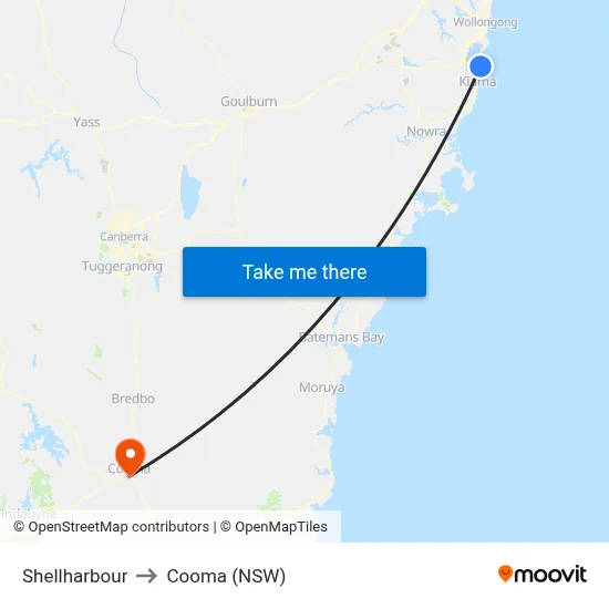 Shellharbour to Cooma (NSW) map