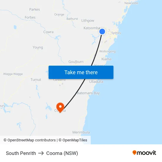 South Penrith to Cooma (NSW) map
