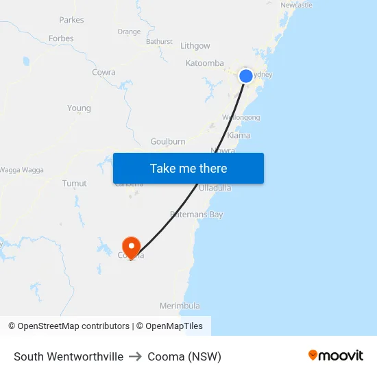 South Wentworthville to Cooma (NSW) map