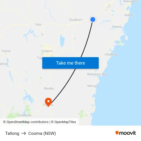 Tallong to Cooma (NSW) map