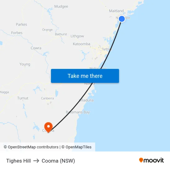 Tighes Hill to Cooma (NSW) map