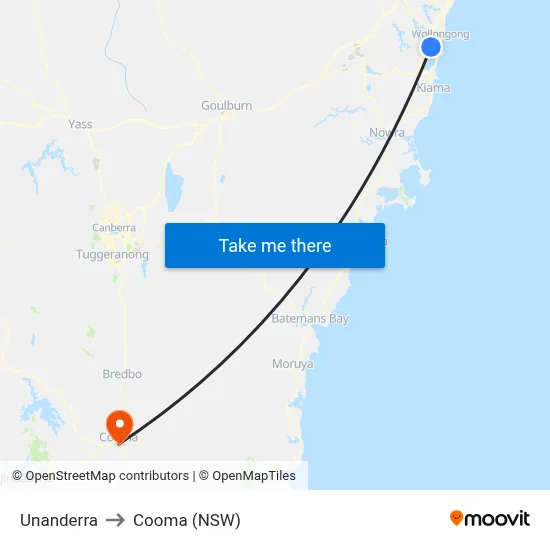 Unanderra to Cooma (NSW) map