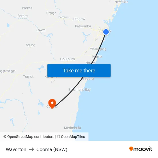 Waverton to Cooma (NSW) map