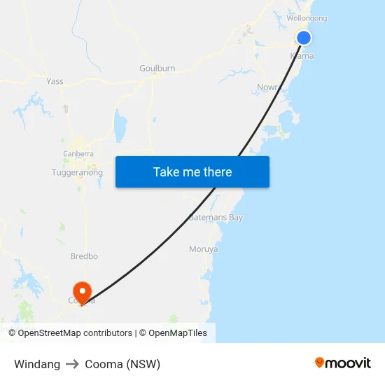 Windang to Cooma (NSW) map