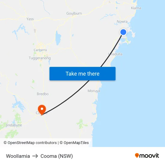 Woollamia to Cooma (NSW) map