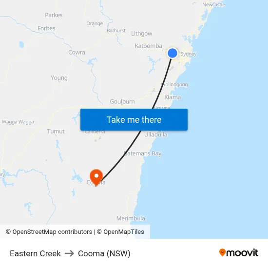 Eastern Creek to Cooma (NSW) map