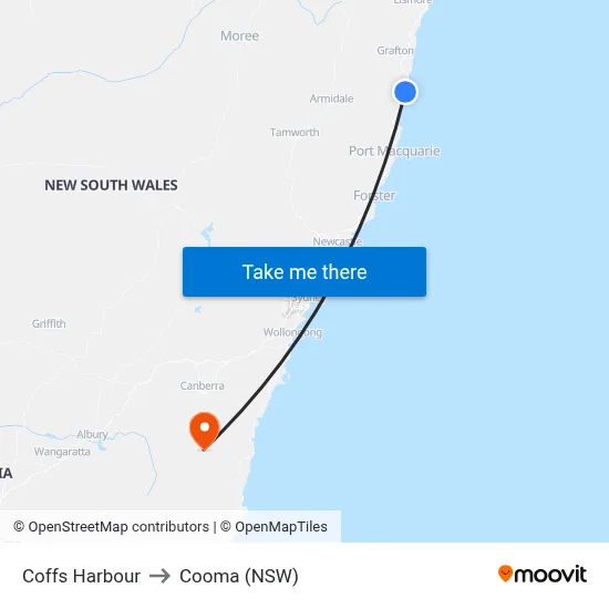 Coffs Harbour to Cooma (NSW) map