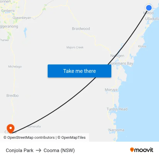Conjola Park to Cooma (NSW) map