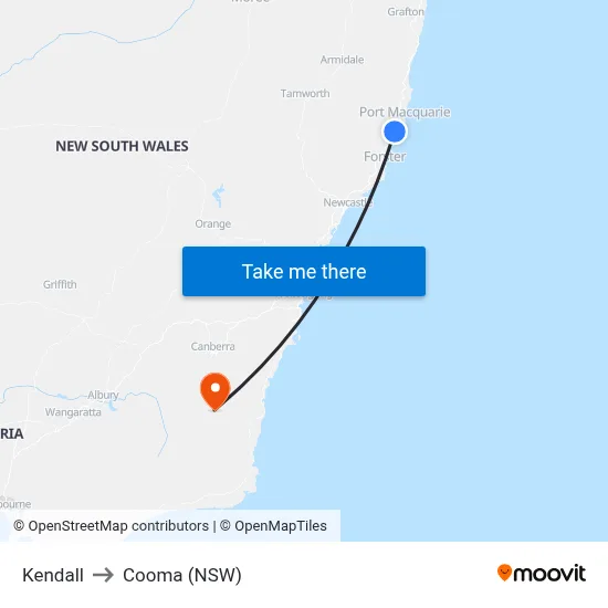 Kendall to Cooma (NSW) map