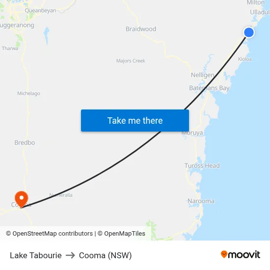 Lake Tabourie to Cooma (NSW) map