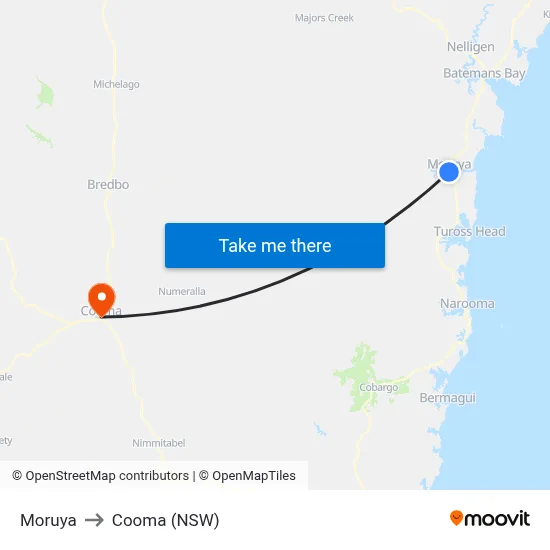 Moruya to Cooma (NSW) map