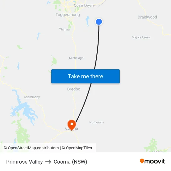 Primrose Valley to Cooma (NSW) map
