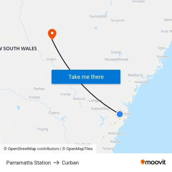 Parramatta Station to Curban map