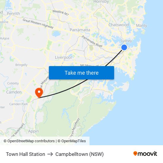 Town Hall Station to Campbelltown (NSW) map