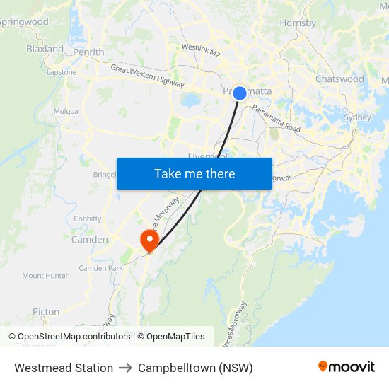 Westmead Station to Campbelltown (NSW) map
