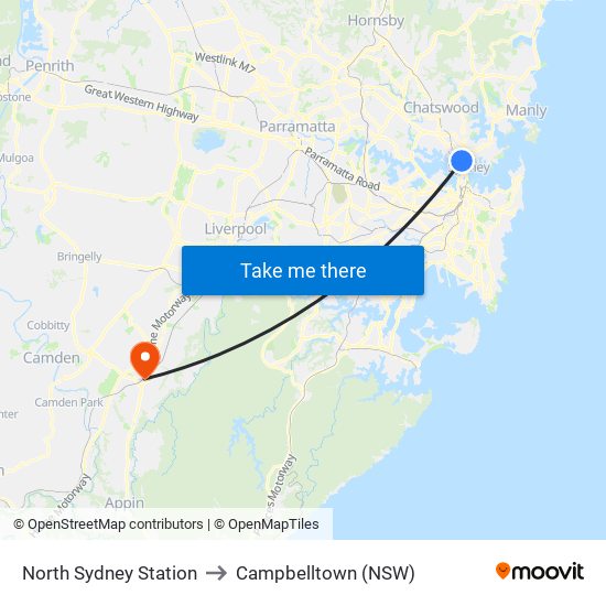 North Sydney Station to Campbelltown (NSW) map