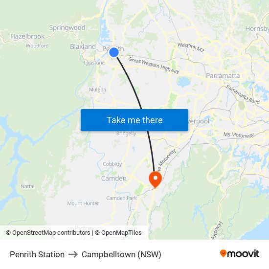 Penrith Station to Campbelltown (NSW) map