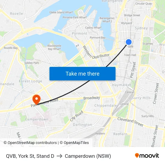 QVB, York St, Stand D to Camperdown (NSW) map