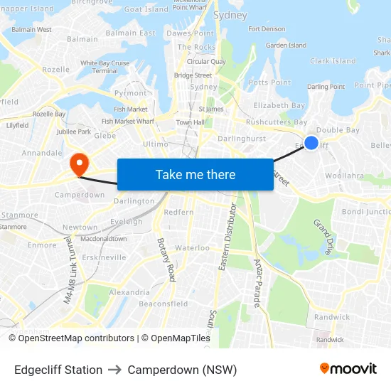 Edgecliff Station to Camperdown (NSW) map