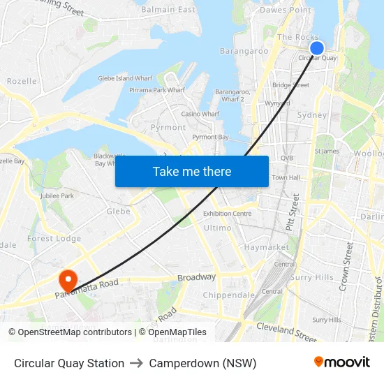 Circular Quay Station to Camperdown (NSW) map