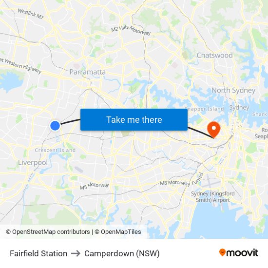 Fairfield Station to Camperdown (NSW) map