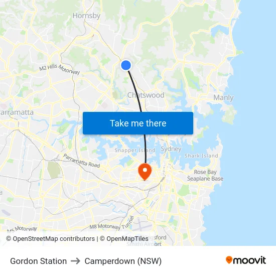 Gordon Station to Camperdown (NSW) map
