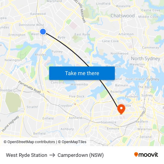 West Ryde Station to Camperdown (NSW) map