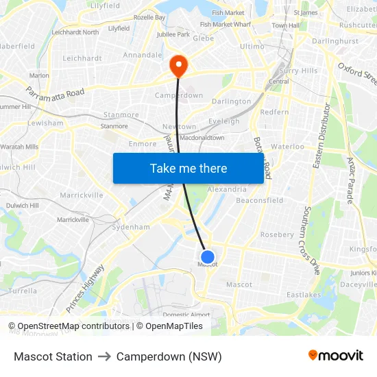 Mascot Station to Camperdown (NSW) map