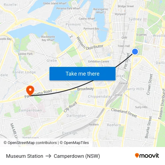 Museum Station to Camperdown (NSW) map