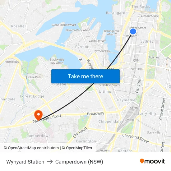 Wynyard Station to Camperdown (NSW) map