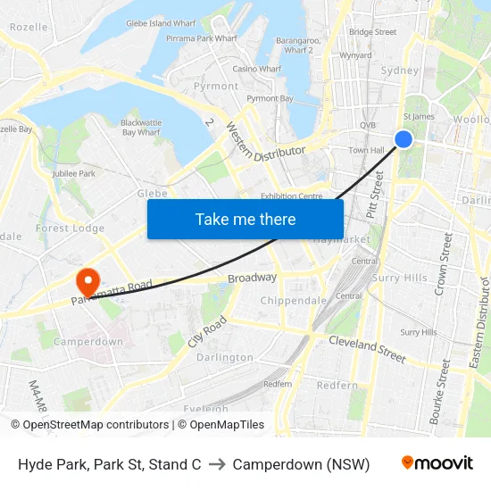 Hyde Park, Park St, Stand C to Camperdown (NSW) map