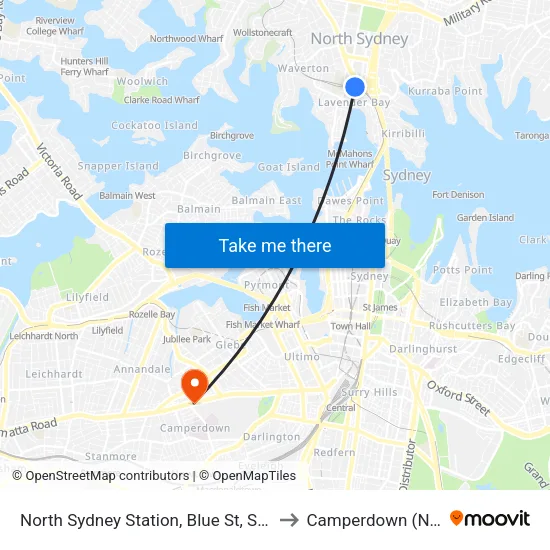 North Sydney Station, Blue St, Stand D to Camperdown (NSW) map