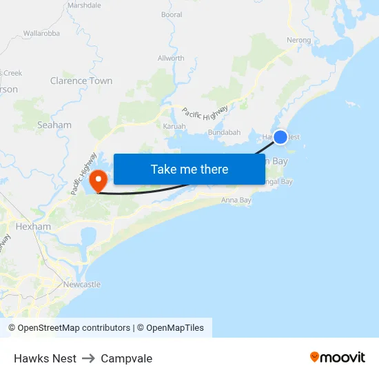 Hawks Nest to Campvale map