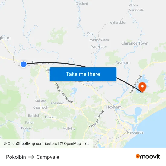 Pokolbin to Campvale map