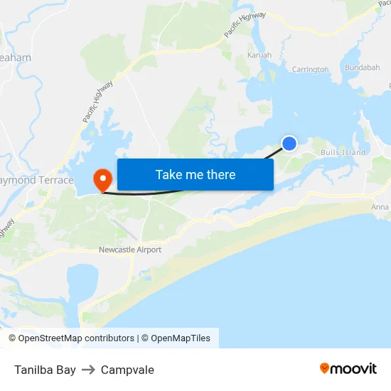 Tanilba Bay to Campvale map