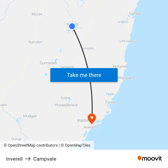 Inverell to Campvale map