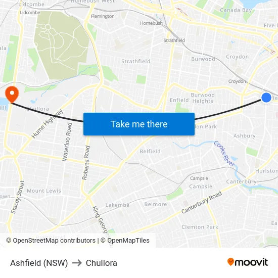 Ashfield (NSW) to Chullora map