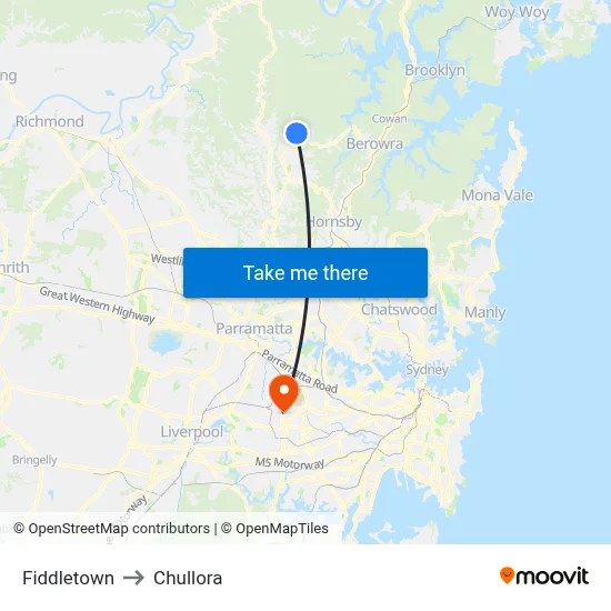 Fiddletown to Chullora map