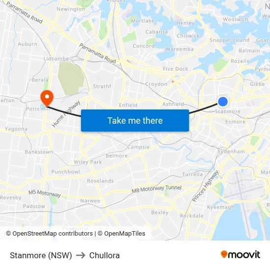 Stanmore (NSW) to Chullora map