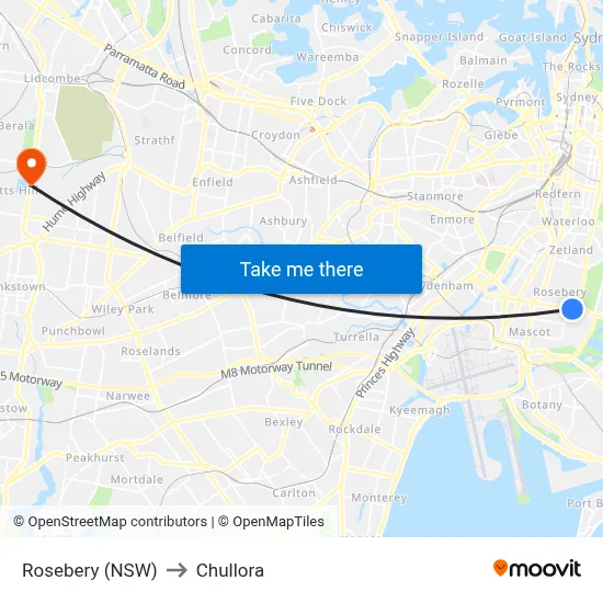 Rosebery (NSW) to Chullora map