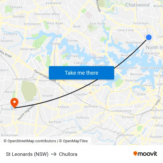 St Leonards (NSW) to Chullora map
