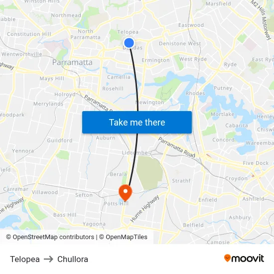 Telopea to Chullora map