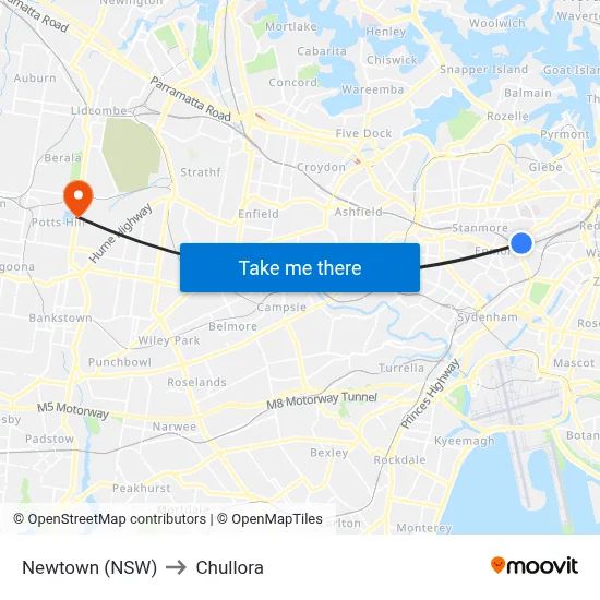 Newtown (NSW) to Chullora map