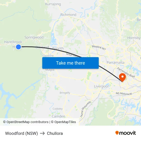 Woodford (NSW) to Chullora map