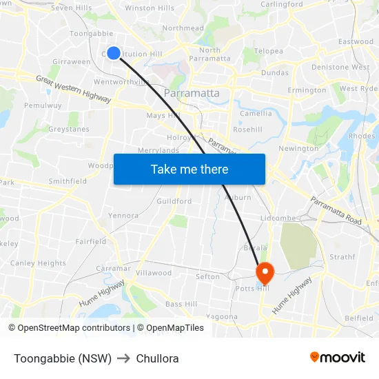 Toongabbie (NSW) to Chullora map