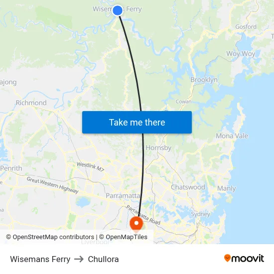 Wisemans Ferry to Chullora map