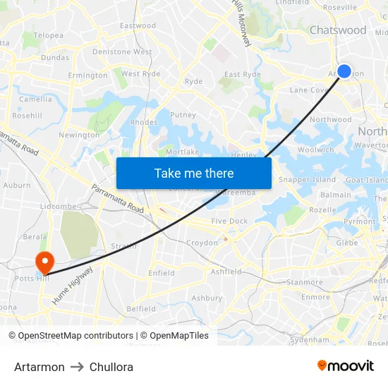 Artarmon to Chullora map
