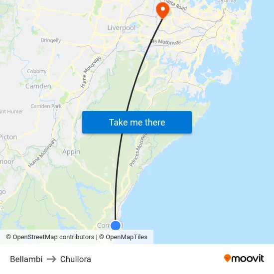 Bellambi to Chullora map