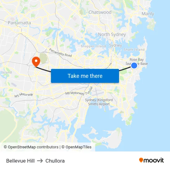 Bellevue Hill to Chullora map